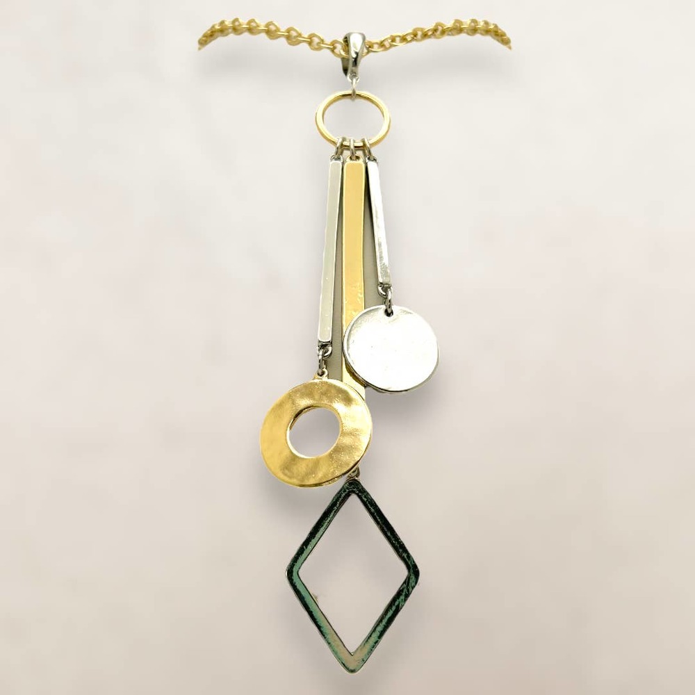 CHICO'S Glam Geo Long Geometric Two-Tone Statement Necklace NWT Mod Avant Garde